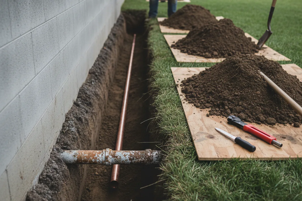 Excavated water line trench during Sewer Line Repair in Jamul